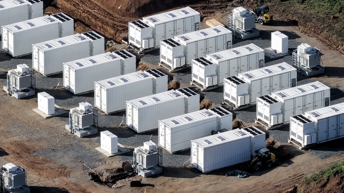 Aerial view of a large-scale battery storage construction site in Germany